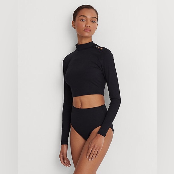 Lauren Ralph Lauren Ribbed Cropped Mockneck Rash Guard Black Swim TOP ONLY NEW - Picture 3 of 9